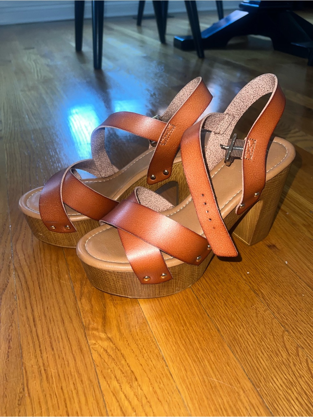 Limelight Cognac Platform Sandals with Wood-Effect Heel